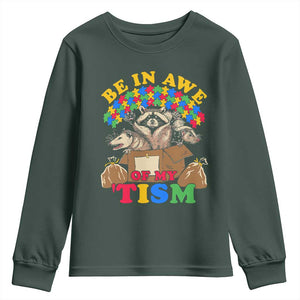 Funny Autism Awareness Youth Sweatshirt Be In Awe Of My 'Tism Autistic Raccoon Opossum Skunk TS11 Dark Forest Green Print Your Wear