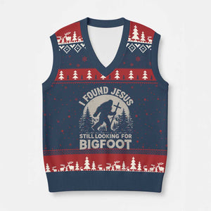 I Found Jesus Still Looking For Bigfoot V-Neck Knit Sweater Vest Funny Christian Sasquatch Forest TS11 Navy Red Print Your Wear
