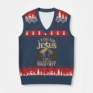 I Found Jesus Still Looking For Bigfoot V-Neck Knit Sweater Vest Funny Christian Sasquatch Vintage Mountain TS11 Navy Red Print Your Wear