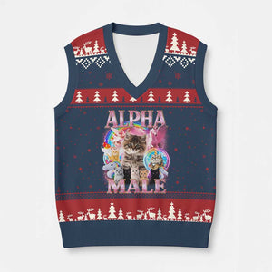 Alpha Male Cat V-Neck Knit Sweater Vest Funny Rainbow Kitten Meme Bootleg TS11 Navy Red Print Your Wear