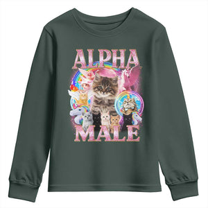 Alpha Male Cat Youth Sweatshirt Funny Rainbow Kitten Meme Bootleg TS11 Dark Forest Green Print Your Wear