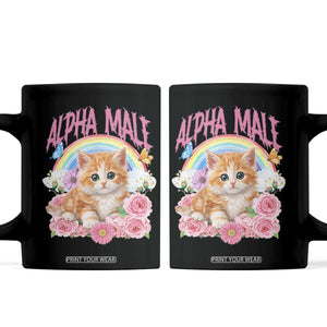 Alpha Male Funny Cat Coffee Mug Vintage 90s Kitten Rainbow Floral Butterflies