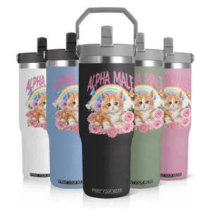 Alpha Male Funny Cat Flip Straw Tumbler Vintage 90s Kitten Rainbow Floral Butterflies