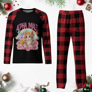 Alpha Male Funny Cat Plaid Pajama Set Vintage 90s Kitten Rainbow Floral Butterflies