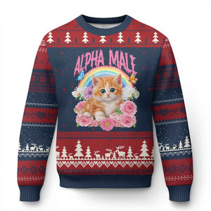 Alpha Male Funny Cat Ugly Christmas Sweater Vintage 90s Kitten Rainbow Floral Butterflies