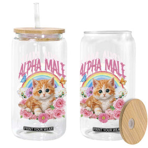 Alpha Male Funny Cat Glass Can Vintage 90s Kitten Rainbow Floral Butterflies