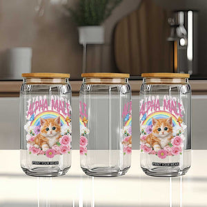 Alpha Male Funny Cat Glass Can Vintage 90s Kitten Rainbow Floral Butterflies