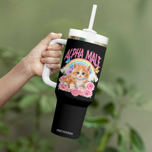 Alpha Male Funny Cat Tumbler With Handle Vintage 90s Kitten Rainbow Floral Butterflies