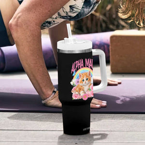 Alpha Male Funny Cat Tumbler With Handle Vintage 90s Kitten Rainbow Floral Butterflies