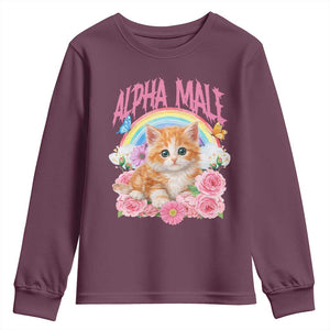 Alpha Male Funny Cat Youth Sweatshirt Vintage 90s Kitten Rainbow Floral Butterflies