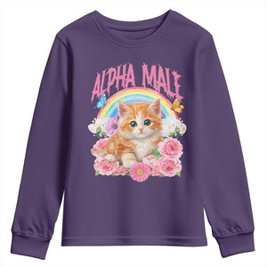 Alpha Male Funny Cat Youth Sweatshirt Vintage 90s Kitten Rainbow Floral Butterflies