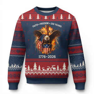 Faith Freedom 250 Years Ugly Christmas Sweater Christian USA Independence 1776 2026 Bald Eagle TS11 Navy Red Print Your Wear