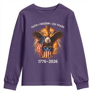 Faith Freedom 250 Years Youth Sweatshirt Christian USA Independence 1776 2026 Bald Eagle TS11 Purple Print Your Wear