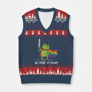 We Pride At Dawn V-Neck Knit Sweater Vest Funny LGBT Frog Rainbow Pride Month TS11 Navy Red Print Your Wear