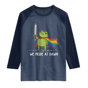 We Pride At Dawn Raglan Shirt Funny LGBT Frog Rainbow Pride Month TS11 Heather Denim Navy Print Your Wear