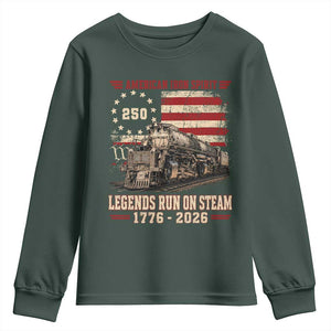 Train USA 250th Anniversary Youth Sweatshirt American Iron Spirit Steam Locomotive Railroad Train Engine TS11 Dark Forest Green Print Your Wear