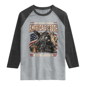 Steam Locomotive Train USA 250th Anniversary Raglan Shirt Coast To Coast Patriotism Liberty American Flag TS11 Heather Gray Heather Charcoal Print Your Wear