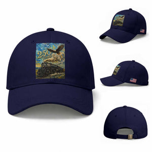 Train USA 250 Year Anniversary 1776 2026 Baseball Cap Van Gogh Art Steam Locomotive Railroad Starry Night