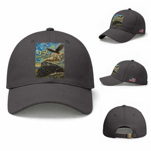 Train USA 250 Year Anniversary 1776 2026 Baseball Cap Van Gogh Art Steam Locomotive Railroad Starry Night