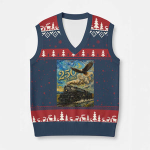 Train USA 250 Year Anniversary 1776 2026 V-Neck Knit Sweater Vest Van Gogh Art Steam Locomotive Railroad Starry Night