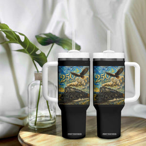 Train USA 250 Year Anniversary 1776 2026 Tumbler With Handle Van Gogh Art Steam Locomotive Railroad Starry Night