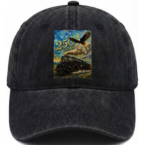 Train USA 250 Year Anniversary 1776 2026 Washed Cotton Baseball Cap Van Gogh Art Steam Locomotive Railroad Starry Night
