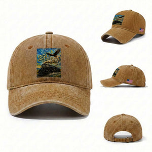Train USA 250 Year Anniversary 1776 2026 Washed Cotton Baseball Cap Van Gogh Art Steam Locomotive Railroad Starry Night