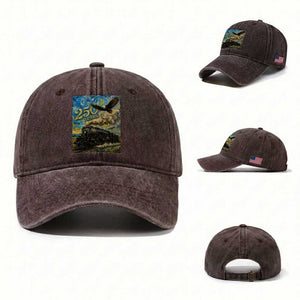 Train USA 250 Year Anniversary 1776 2026 Washed Cotton Baseball Cap Van Gogh Art Steam Locomotive Railroad Starry Night