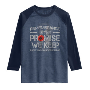 Remembrance Is The Promise We Keep Raglan Shirt Memorial Day TS11 Heather Denim Navy Print Your Wear
