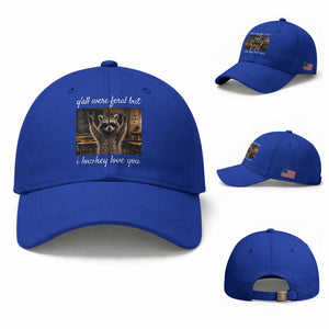 Y'all Were Feral But I Lowkey Love You Baseball Cap Funny Raccoon Teacher TS11 Baseball Cap Universal Fit Royal Blue Print Your Wear