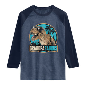 Dinosaur Grandfather Raglan Shirt Funny Grandpasaurus Fathers Day Family Matching TS11 Heather Denim Navy Print Your Wear