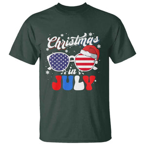 Christmas In July T Shirt Santa Hat Sunglasses USA Flag 4th Of July Xmas TS11 Dark Forest Green Print Your Wear
