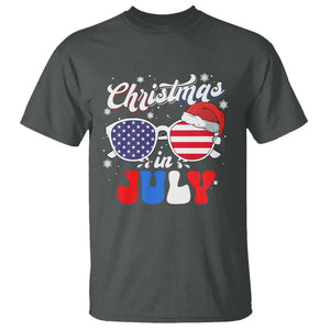 Christmas In July T Shirt Santa Hat Sunglasses USA Flag 4th Of July Xmas TS11 Dark Heather Print Your Wear