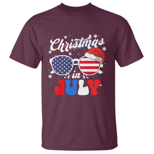 Christmas In July T Shirt Santa Hat Sunglasses USA Flag 4th Of July Xmas TS11 Maroon Print Your Wear