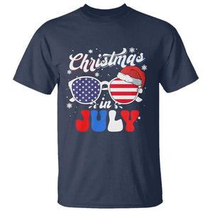 Christmas In July T Shirt Santa Hat Sunglasses USA Flag 4th Of July Xmas TS11 Navy Print Your Wear
