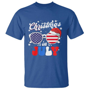 Christmas In July T Shirt Santa Hat Sunglasses USA Flag 4th Of July Xmas TS11 Royal Blue Print Your Wear