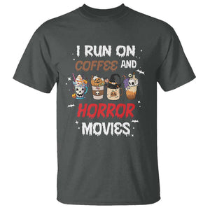 Funny Halloween T Shirt I Run On Coffee And Horror Movies Pumpkin Witch Hat TS11 Dark Heather Print Your Wear