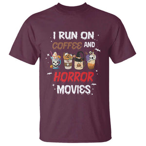 Funny Halloween T Shirt I Run On Coffee And Horror Movies Pumpkin Witch Hat TS11 Maroon Print Your Wear