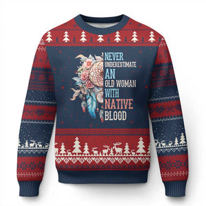 Native American Ugly Christmas Sweater Never Underestimate An Old Woman With Native Blood Dreamcatcher TS11 Navy Red Print Your Wear