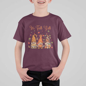 Autumn Season T Shirt For Kid It's Fall Y'all Gnomies Thanksgiving Maple Leaf TS11 Maroon Print Your Wear