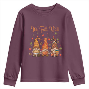 Autumn Season Youth Sweatshirt It's Fall Y'all Gnomies Thanksgiving Maple Leaf TS11 Maroon Print Your Wear