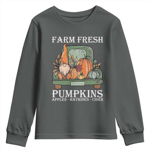 Thanksgiving Youth Sweatshirt Farm Fresh Pumpkins Apples Hayrides Cider Autumn Season TS11 Dark Heather Print Your Wear