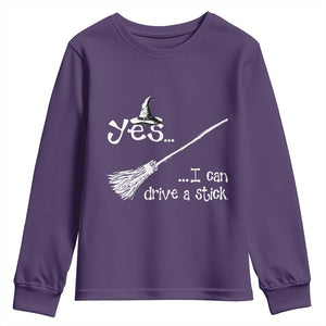 Funny Halloween Spooky Witch Youth Sweatshirt Yes I Can Drive A Stick TS11 Purple Print Your Wear