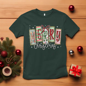 Merry Christmas Coquette Xmas Faux Glitter Gingham Tartan Doodle T Shirt TS11 Dark Forest Green Print Your Wear
