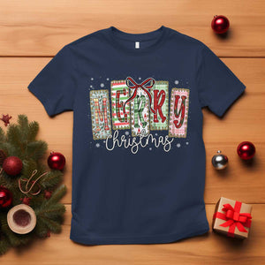 Merry Christmas Coquette Xmas Faux Glitter Gingham Tartan Doodle T Shirt TS11 Navy Print Your Wear