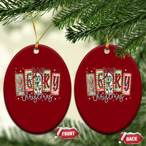 Merry Xmas Coquette Xmas Faux Glitter Gingham Tartan Doodle Ceramic Ornament TS11 Print Your Wear