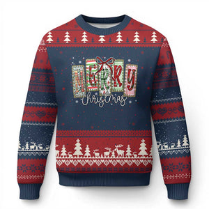 Merry Xmas Coquette Xmas Faux Glitter Gingham Tartan Doodle Ugly Christmas Sweater TS11 Navy Red Print Your Wear