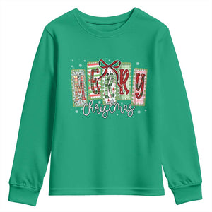 Merry Christmas Coquette Xmas Faux Glitter Gingham Tartan Doodle Youth Sweatshirt TS11 Irish Green Print Your Wear