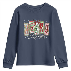 Merry Christmas Coquette Xmas Faux Glitter Gingham Tartan Doodle Youth Sweatshirt TS11 Navy Print Your Wear