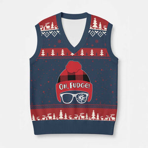 Funny Xmas Movie V-Neck Knit Sweater Vest Oh Fudge Buffalo Plaid Printed Graphic Beanie Cap TS11 Navy Red Print Your Wear